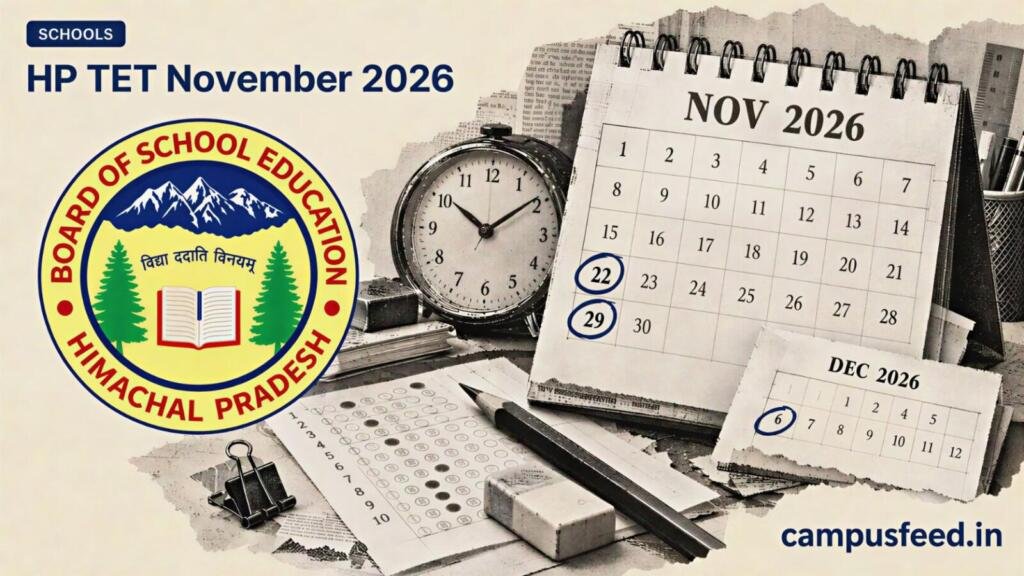 HP TET November 2026 exam calendar with highlighted dates, HPBOSE emblem, halftone examination documents and classroom stationery against a cream editorial background