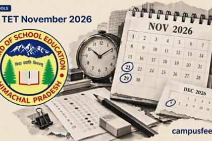 HP TET November 2026 exam calendar with highlighted dates, HPBOSE emblem, halftone examination documents and classroom stationery against a cream editorial background