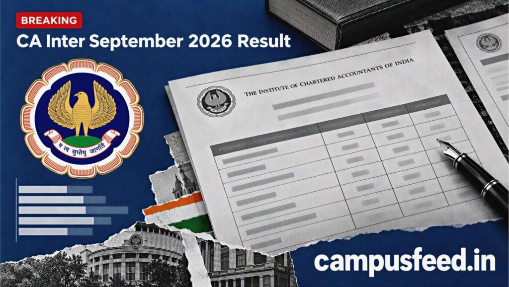ICAI CA Inter September 2026 result scorecard in a black-and-white halftone editorial collage with official institute branding and examination result graphics