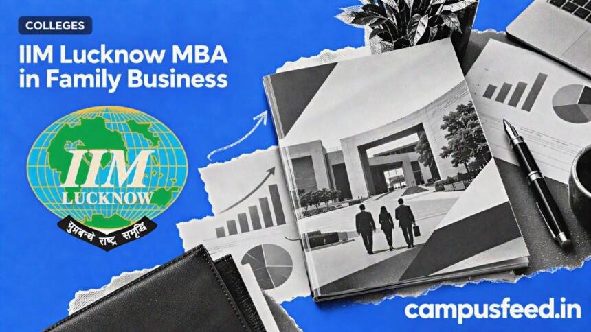 IIM Lucknow MBA in Family Business Opens for 2027-29 1 IIM Lucknow MBA in Family Business programme brochure on a desk with official institute logo and admissions-themed editorial collage for 2027