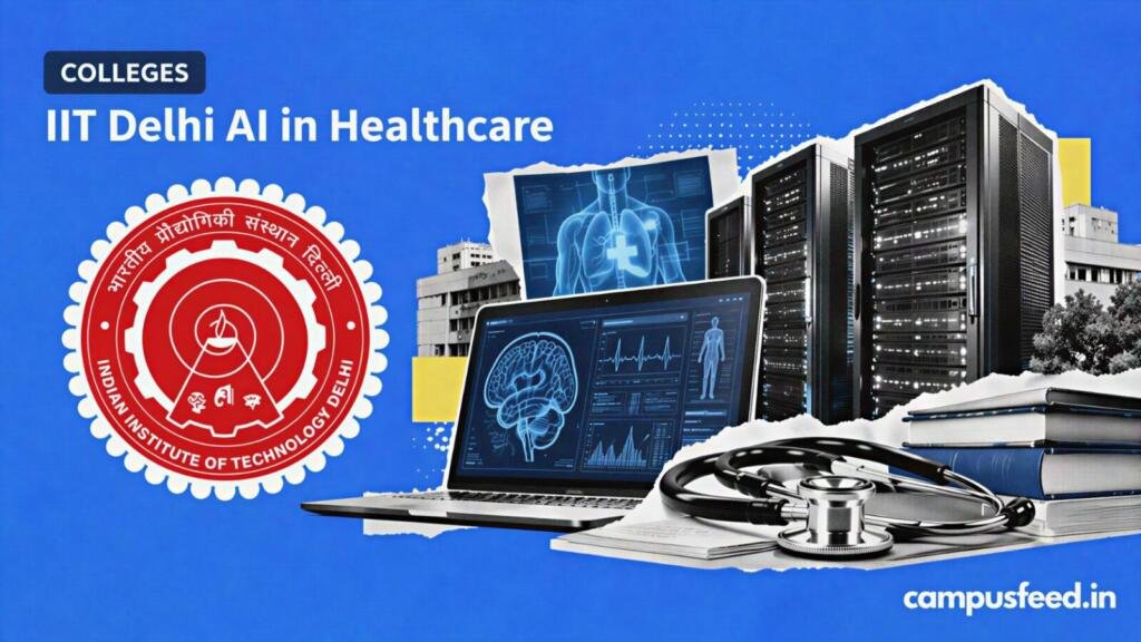 IIT Delhi AI in Healthcare executive programme visual with halftone GPU server rack, medical AI elements and the official IIT Delhi logo