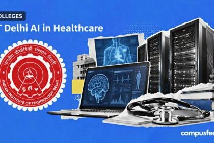 IIT Delhi AI in Healthcare executive programme visual with halftone GPU server rack, medical AI elements and the official IIT Delhi logo