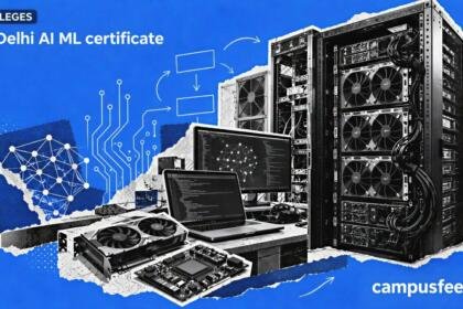 IIT Delhi AI ML certificate editorial illustration featuring a halftone GPU server rack, artificial intelligence computing equipment and IIT Delhi institutional branding