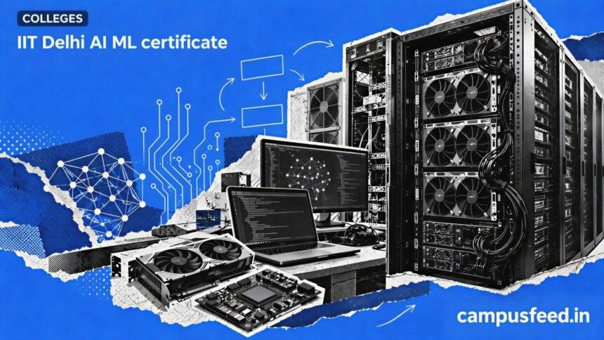IIT Delhi AI ML certificate editorial illustration featuring a halftone GPU server rack, artificial intelligence computing equipment and IIT Delhi institutional branding