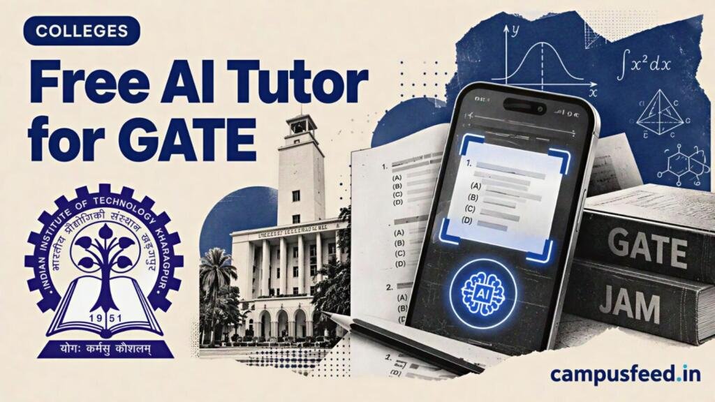 Free AI tutor for GATE and JAM illustrated with a halftone question sheet, scanning smartphone and IIT Kharagpur academic learning elements