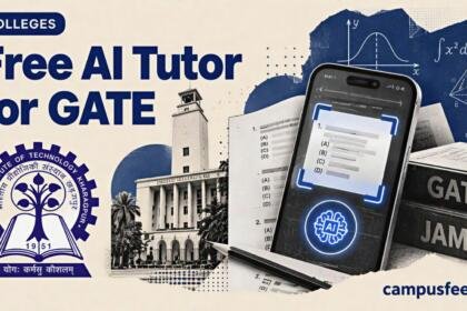Free AI tutor for GATE and JAM illustrated with a halftone question sheet, scanning smartphone and IIT Kharagpur academic learning elements
