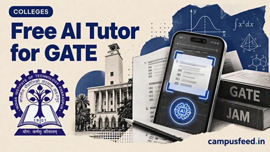 Free AI tutor for GATE and JAM illustrated with a halftone question sheet, scanning smartphone and IIT Kharagpur academic learning elements