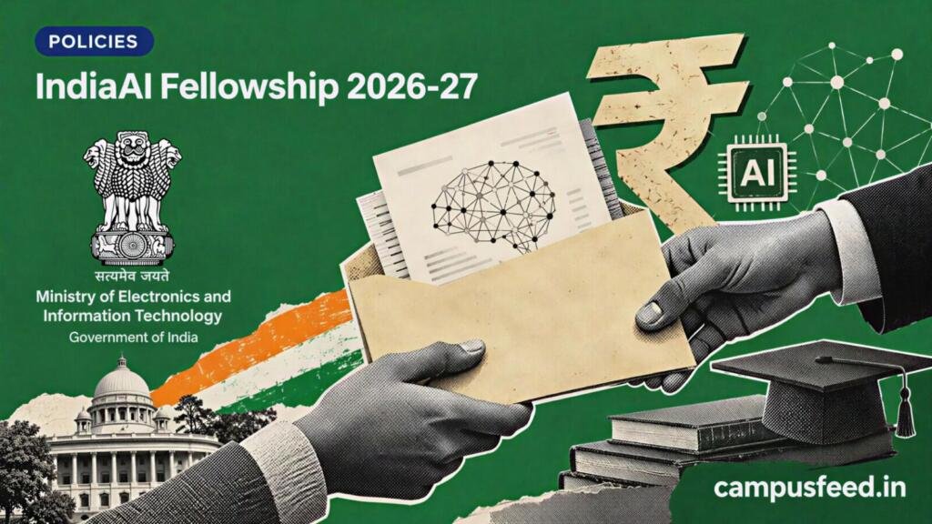 IndiaAI Fellowship 2026-27 government research grant illustrated with a halftone benefit envelope, Government of India emblem, AI research symbols and green background