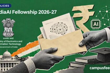 IndiaAI Fellowship 2026-27 government research grant illustrated with a halftone benefit envelope, Government of India emblem, AI research symbols and green background
