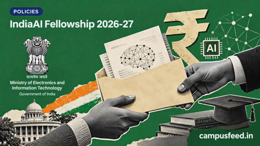 IndiaAI Fellowship 2026-27 government research grant illustrated with a halftone benefit envelope, Government of India emblem, AI research symbols and green background