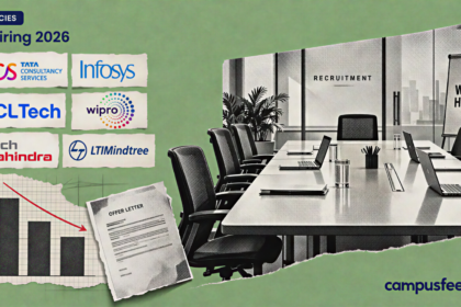 IT hiring 2026 decline illustrated through a halftone corporate interview room, recruiter logos and a downward workforce trend affecting engineering placements in India