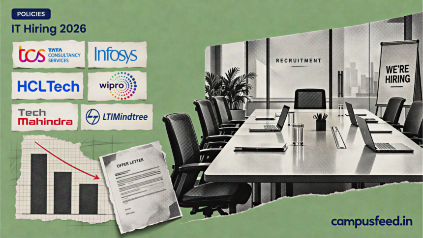 IT hiring 2026 decline illustrated through a halftone corporate interview room, recruiter logos and a downward workforce trend affecting engineering placements in India
