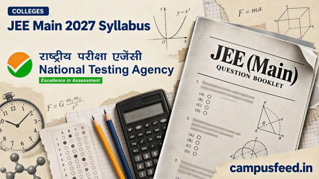 JEE Main 2027 syllabus editorial collage featuring an NTA emblem, halftone engineering entrance examination booklet, and Physics, Chemistry and Mathematics study materials