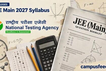 JEE Main 2027 syllabus editorial collage featuring an NTA emblem, halftone engineering entrance examination booklet, and Physics, Chemistry and Mathematics study materials