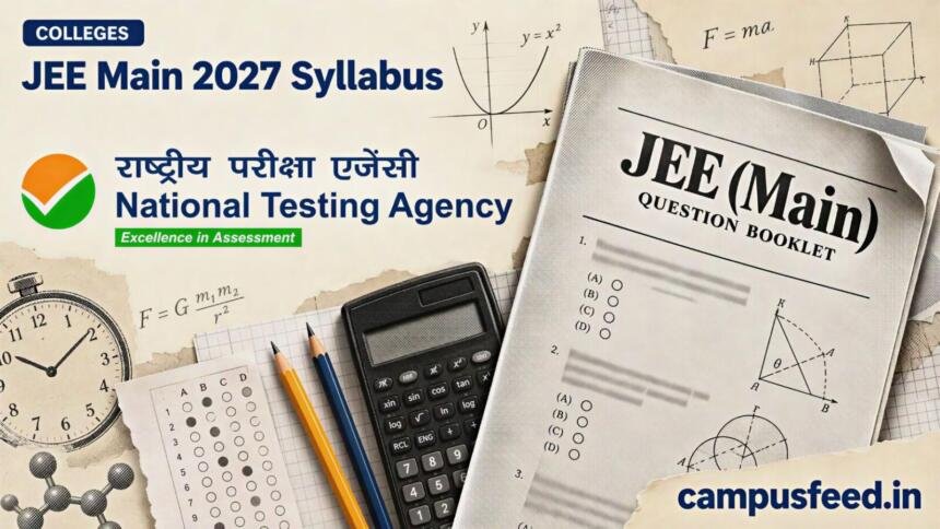 JEE Main 2027 syllabus editorial collage featuring an NTA emblem, halftone engineering entrance examination booklet, and Physics, Chemistry and Mathematics study materials