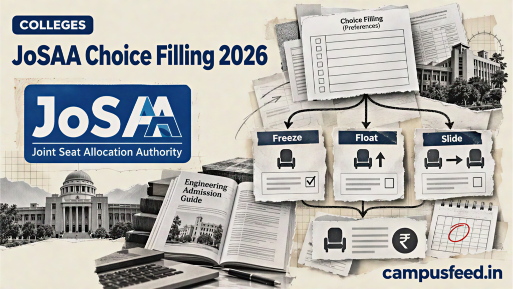 JoSAA Choice Filling 2026 guide featuring a halftone decision-tree diagram, engineering college preference forms, seat allocation documents and counselling choices