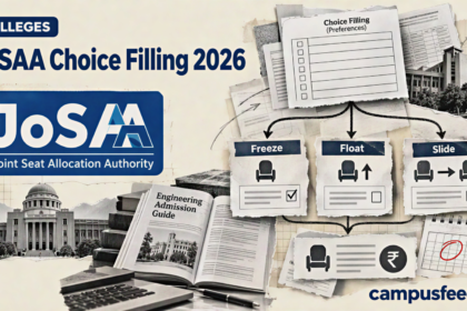JoSAA Choice Filling 2026 guide featuring a halftone decision-tree diagram, engineering college preference forms, seat allocation documents and counselling choices