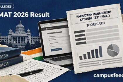 KMAT 2026 result scorecard displayed in a halftone editorial collage with an exam portal interface and Karnataka MBA admission documents
