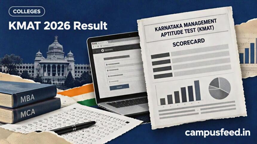 KMAT 2026 result scorecard displayed in a halftone editorial collage with an exam portal interface and Karnataka MBA admission documents