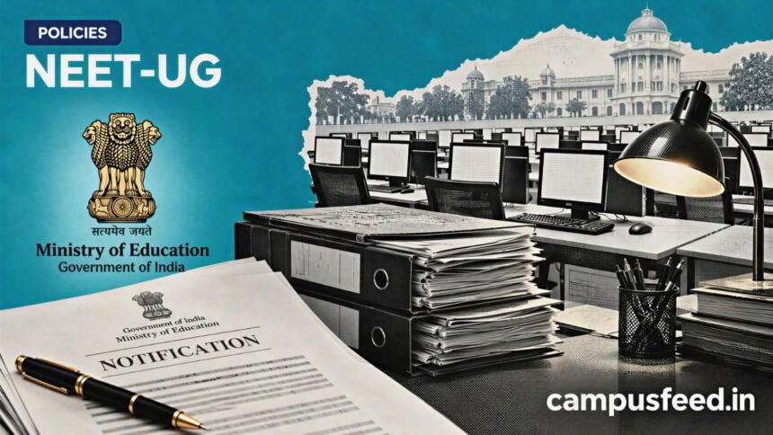 Ministry of Education policy files and computer testing infrastructure illustrate the planned NEET-UG shift from pen-and-paper testing to CBT mode