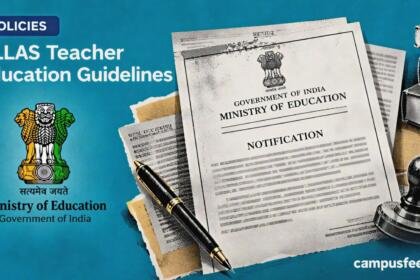 ULLAS Teacher Education Guidelines displayed beside the Ministry of Education emblem, official policy documents, and teacher training materials for adult literacy in India