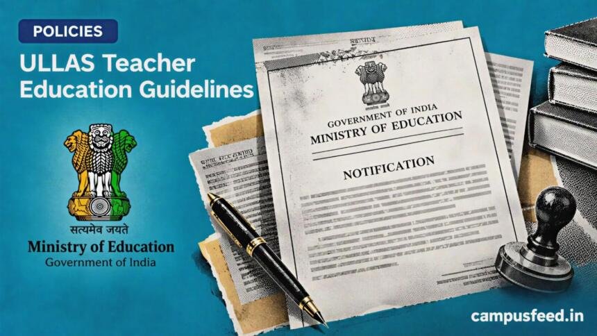 ULLAS Teacher Education Guidelines displayed beside the Ministry of Education emblem, official policy documents, and teacher training materials for adult literacy in India