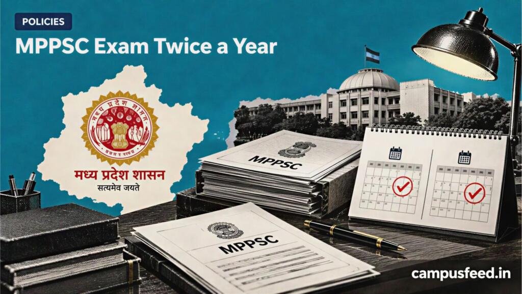 MPPSC Exam Twice a Year announcement represented by an official Madhya Pradesh government policy desk with exam calendar and commission documents
