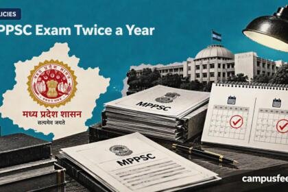 MPPSC Exam Twice a Year announcement represented by an official Madhya Pradesh government policy desk with exam calendar and commission documents