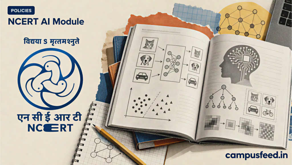 NCERT AI module for Classes 9 to 12 illustrated through an open textbook, artificial intelligence learning diagrams, classroom materials and the NCERT emblem