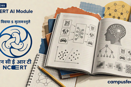 NCERT AI module for Classes 9 to 12 illustrated through an open textbook, artificial intelligence learning diagrams, classroom materials and the NCERT emblem