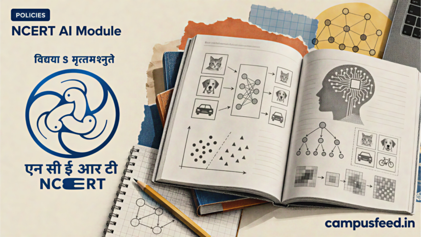 NCERT AI module for Classes 9 to 12 illustrated through an open textbook, artificial intelligence learning diagrams, classroom materials and the NCERT emblem
