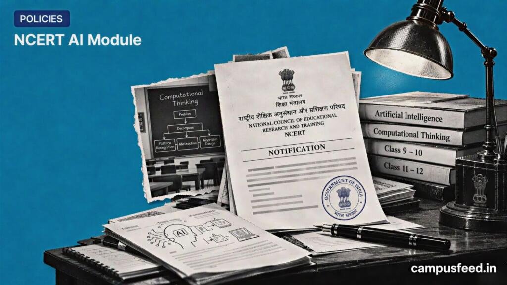 NCERT AI module for Classes 9 to 12 represented by an official policy document, computational thinking materials and the NCERT emblem on a teal background