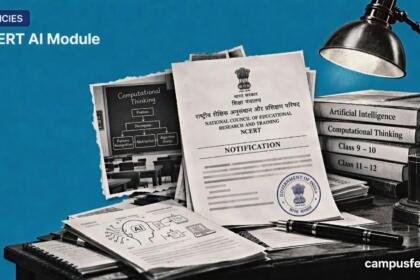 NCERT AI module for Classes 9 to 12 represented by an official policy document, computational thinking materials and the NCERT emblem on a teal background