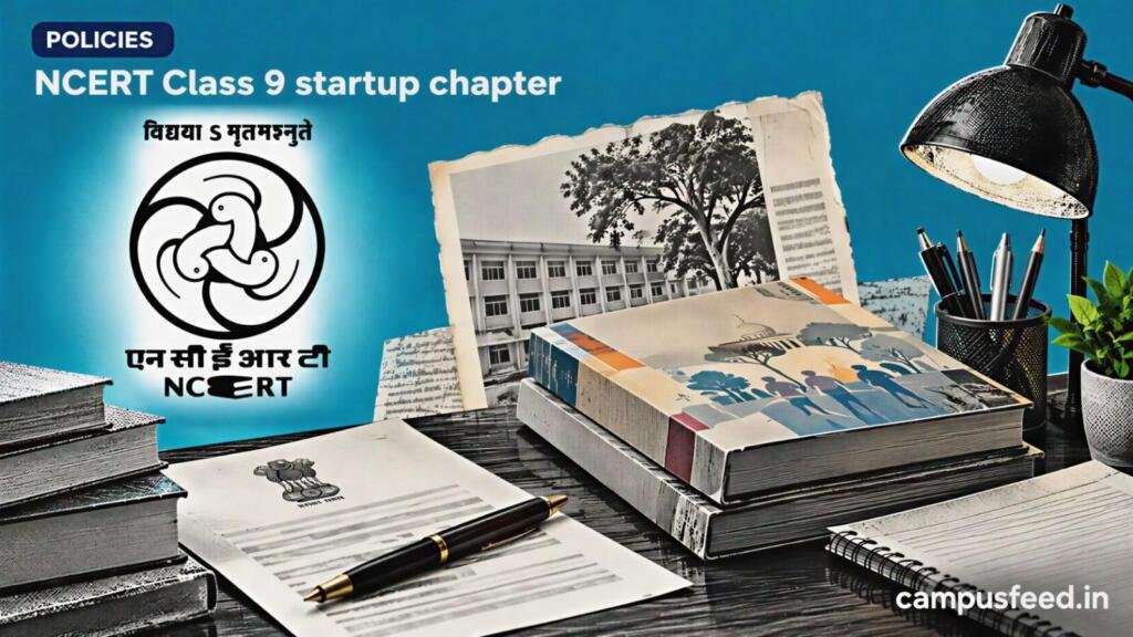 NCERT Class 9 startup chapter visual with official NCERT emblem, policy files and an editorial government desk representing entrepreneurship education for 2026-27