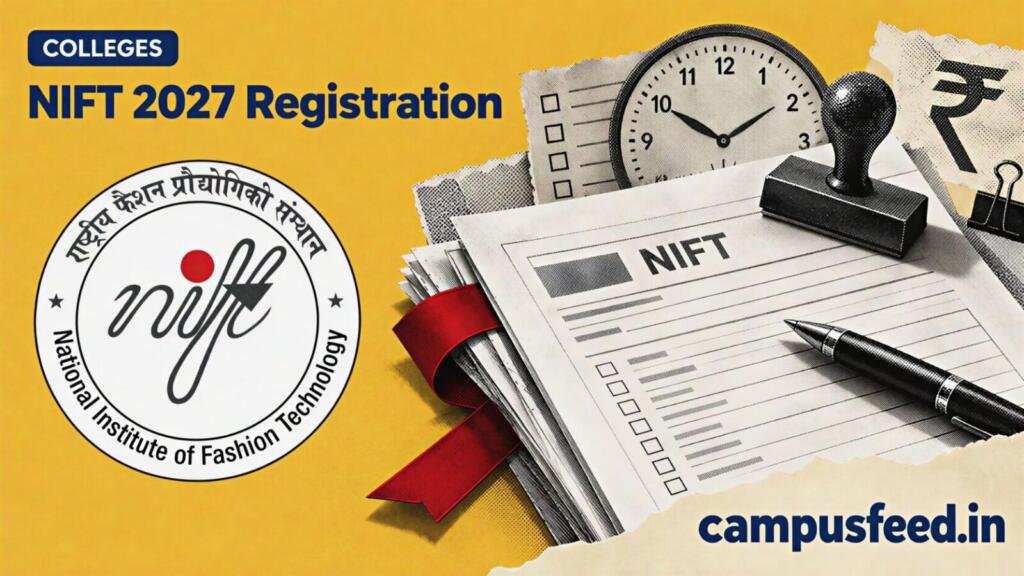 NIFT 2027 registration editorial collage featuring the official NIFT emblem, admission documents, application form and stationery against a warm mustard background