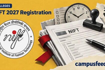 NIFT 2027 registration editorial collage featuring the official NIFT emblem, admission documents, application form and stationery against a warm mustard background