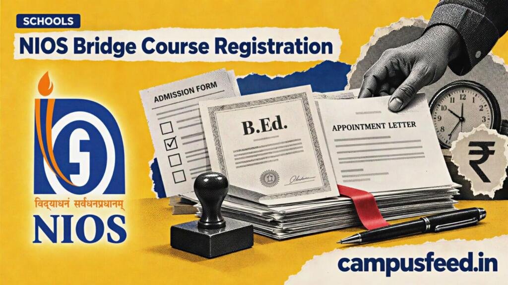 NIOS bridge course registration illustrated with official NIOS emblem, teacher application documents, a rubber stamp and a deadline clock for October 2026