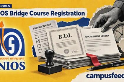 NIOS bridge course registration illustrated with official NIOS emblem, teacher application documents, a rubber stamp and a deadline clock for October 2026