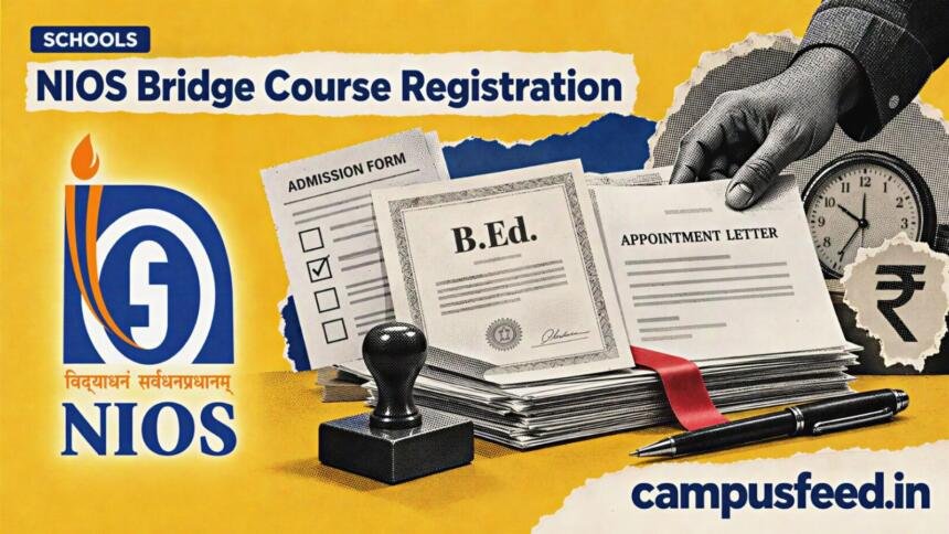 NIOS bridge course registration illustrated with official NIOS emblem, teacher application documents, a rubber stamp and a deadline clock for October 2026