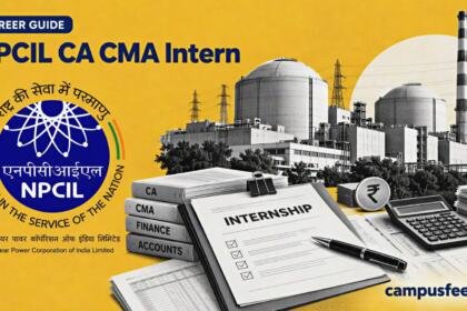 NPCIL CA CMA Intern recruitment 2026 illustrated with a halftone nuclear power station, finance documents and an official internship application folder
