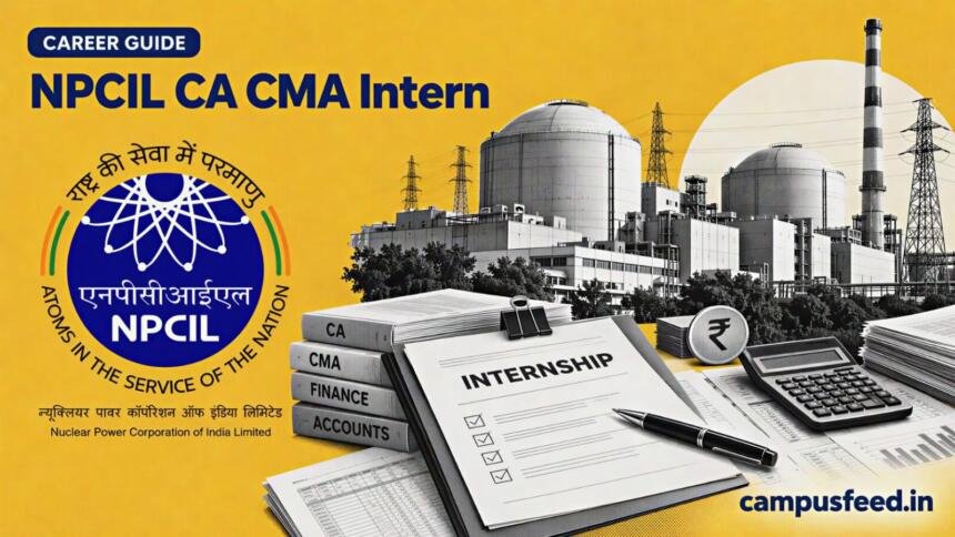 NPCIL CA CMA Intern 2026: 51 Posts, Apply by October 26 1 NPCIL CA CMA Intern recruitment 2026 illustrated with a halftone nuclear power station, finance documents and an official internship application folder