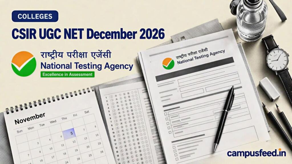 CSIR UGC NET December 2026 registration illustrated with an NTA examination application form, calendar, official emblem and deadline-related stationery