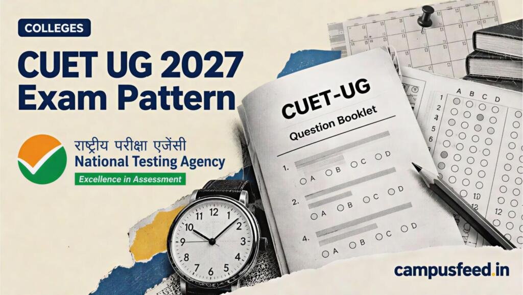 CUET UG 2027 exam pattern proposal illustrated with an NTA examination question booklet, analog watch, answer sheet and halftone education collage
