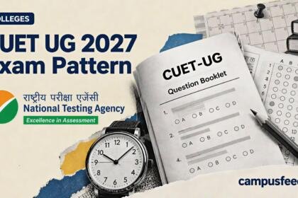 CUET UG 2027 exam pattern proposal illustrated with an NTA examination question booklet, analog watch, answer sheet and halftone education collage