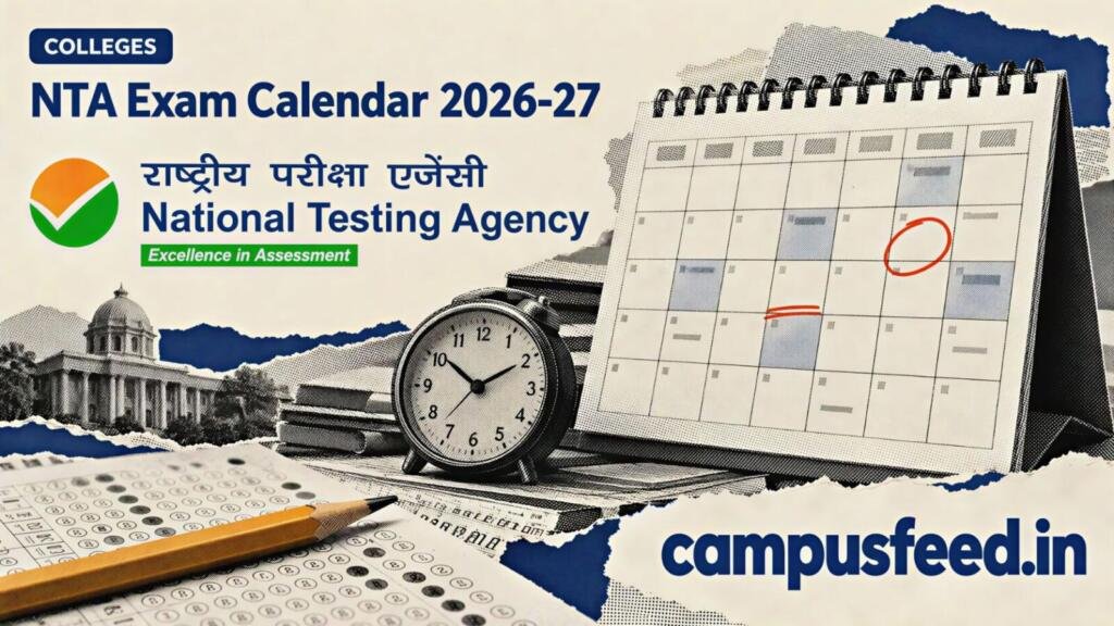 NTA exam calendar 2026-27 illustrated with a halftone examination date calendar, official NTA emblem, JEE Main scheduling materials and UGC NET references