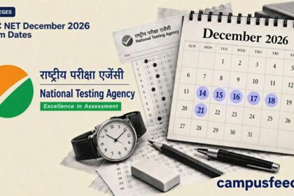 UGC NET December 2026 Exam Dates illustrated with a halftone examination calendar, NTA emblem and revised December schedule on a cream background