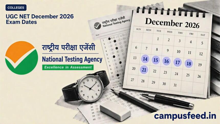 UGC NET December 2026 Exam Dates illustrated with a halftone examination calendar, NTA emblem and revised December schedule on a cream background