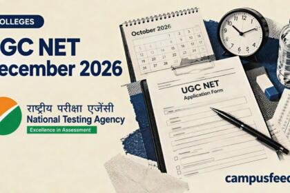 UGC NET December 2026 registration illustrated with a halftone application form, examination documents, calendar and National Testing Agency emblem
