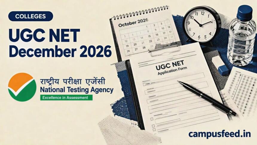 UGC NET December 2026 registration illustrated with a halftone application form, examination documents, calendar and National Testing Agency emblem