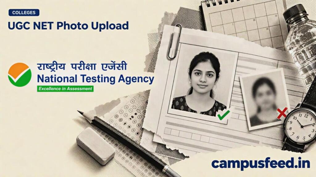 UGC NET photo upload illustration showing a halftone passport photograph, NTA emblem, application documents and photo size requirements for December 2026